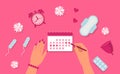 Menstruation concept. Woman hands, clock, pad, tampon, pills. Menstruation cycle. Vector