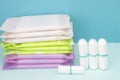 Menstruation cotton sanitary pads and tampon for woman hygiene protection. Soft tender protection for woman critical days, gynecol
