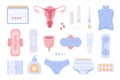 menstruation. female periods different self items calendars tampons soft pads at blood uterus and drugs. Vector pictures
