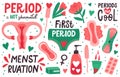 Menstruation hygiene. Female menstrual cycle, periods hygiene, menstrual cup, sanitary pad, tampons. Woman critical days