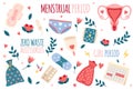 Menstruation hygiene. Feminine period cartoon elements. Zero waste ecological products. Menstrual cup and pads, tampons or