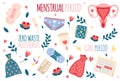 Menstruation hygiene. Feminine period cartoon elements. Zero waste ecological products. Menstrual cup and pads, tampons