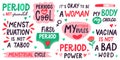Menstruation lettering. Menstrual cycle quotes, my uterus my rules, menstruation is not taboo. First periods lettering