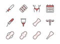 Menstruation line flat icon set. Can be used to illustrate feminine hygiene and health. Periods symbol red color.