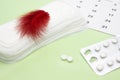 Menstruation, daily pads with feather, menstrual calendar and pills. White pharmaceutical tablets. Menstrual period pain protectio