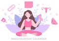 Menstruation Period Calendar Women To Check Date Cycle. Illustration of Reproductive Organs Female, Sanitary Napkin and Medicine