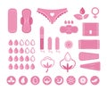Menstruation period. Female hygiene, pants, pads and tampons. Women cycle vector icons set