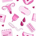 Menstruation, periods, cycle accessories and objects seamless pattern