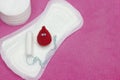Menstruation tampons and sanitary soft pads. Woman hygiene protection and crochet funny blood drop. Woman critical days, gynecolog Royalty Free Stock Photo