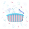 Menstruation theme background. Illustration for feminine hygiene, medicine, periods. Cosmetic bag with sanitary napkins, tampons,