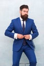 Menswear concept. Elegant fashion outfit. Gentleman modern style. Guy well groomed handsome bearded hipster wear tuxedo