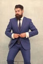 Menswear concept. Elegant fashion outfit. Gentleman modern style. Guy well groomed handsome bearded hipster wear tuxedo