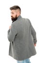 Menswear and fashion concept. Comfortable outfit. Man bearded hipster stylish fashionable jacket. Casual jacket perfect Royalty Free Stock Photo