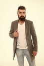 Menswear and fashion concept. Man bearded hipster stylish fashionable jacket. Casual jacket perfect for any occasion Royalty Free Stock Photo