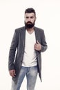 Menswear and fashion concept. Man bearded hipster stylish fashionable jacket. Casual jacket perfect for any occasion Royalty Free Stock Photo