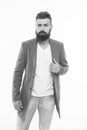 Menswear and fashion concept. Man bearded hipster stylish fashionable jacket. Casual jacket perfect for any occasion Royalty Free Stock Photo