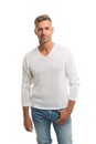 Menswear and fashionable clothing. Man calm face posing confidently white background. Man looks handsome in casual shirt Royalty Free Stock Photo