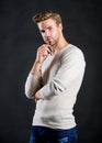 Menswear fashionable clothing. Perfect fit. Handsome man in casual style. Guy bristle wear casual outfit. Feeling casual Royalty Free Stock Photo