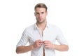 Menswear formal style. Clerical and middle chain management. White collar worker. Man well groomed formal elegant shirt