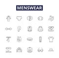 Menswear line vector icons and signs. Clothing, Apparel, Suits, Trousers, Shirts, Jeans, Jackets, Shoes outline vector Royalty Free Stock Photo