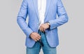 Menswear for man wearing jeans and belt. Man in suit jacket and jeans. Casual style of man, cropped view. Male accessory Royalty Free Stock Photo