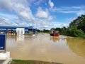 Mentakab,Malaysia-12 January 2021-Mentakab city affected by flash floods.A lorry towing a car which stucked inside the flood.