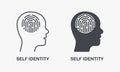 Mental Cognition Pictogram. Fingerprint in Human Head, Self Identity Silhouette and Line Icon Set. Person Identification