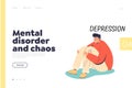 Mental disorder and chaos concept of landing page with anxious depressed man on floor