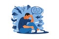 Mental disorder concept. Depression man. Stress, despair, anxiety disorder, fatigue. Vector illustration