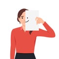 Mental disorder, depression, grief concept. Young sad unhappy woman holding paper smile on face hiding her mouth behind fake drawn Royalty Free Stock Photo