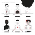 Set of six illustrations of people suffering from mental or personality disorders
