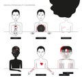 Set of six illustrations of people suffering from mental or personality disorders Royalty Free Stock Photo