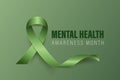 Mental Health Awareness Month Banner, Card, Placard with Vector 3d Realistic Green Ribbon on Green Background. Mental