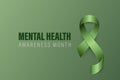 Mental Health Awareness Month Banner, Card, Placard with Vector 3d Realistic Green Ribbon on Green Background. Mental