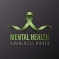 Mental Health Awareness Month Banner, Card, Placard with Vector 3d Realistic Green Ribbon on Black Background. Mental