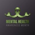 Mental Health Awareness Month Banner, Card, Placard with Vector 3d Realistic Green Ribbon on Black Background. Mental