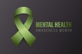 Mental Health Awareness Month Banner, Card, Placard with Vector 3d Realistic Green Ribbon on Black Background. Mental