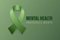 Mental Health Awareness Month Banner, Card, Placard with Vector 3d Realistic Green Ribbon on Green Background. Mental