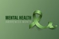 Mental Health Awareness Month Banner, Card, Placard with Vector 3d Realistic Green Ribbon on Green Background. Mental