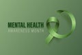 Mental Health Awareness Month Banner, Card, Placard with Vector 3d Realistic Green Ribbon on Green Background. Mental