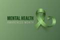 Mental Health Awareness Month Banner, Card, Placard with Vector 3d Realistic Green Ribbon on Green Background. Mental