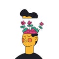 Mental health awareness people concept. Psychological problems of the head and body with mental health. Man with brain and flowers