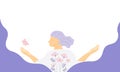 Mental health background for banner, woman smiling and happy emotion with flowers and butterfly. flat vector illustration banner Royalty Free Stock Photo