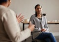 Mental health, black woman and group therapy with advice, sharing feeling and talking in trust session. Support in Royalty Free Stock Photo