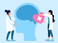 Mental health ,brain development medical treatment concept, doctors work together to set up heart to brain of human head,