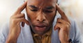 Mental health burnout, sad or black man depressed from office stress, business pressure or corporate crisis. Pain