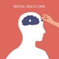 Mental health care. Mental health awareness month. Poster with person, brain, puzzle and hand. Psychology illustration