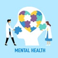 Mental health care concept vector illustration. Psychological therapy and treatment in flat design. Doctors are doing a jigsaw puz