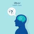 Mental health care design concept. Human head with brain, bubble and question marks symbol. Psycho therapy vector illustration.