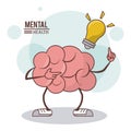 Mental health, cartoon brain bulb illumination concept